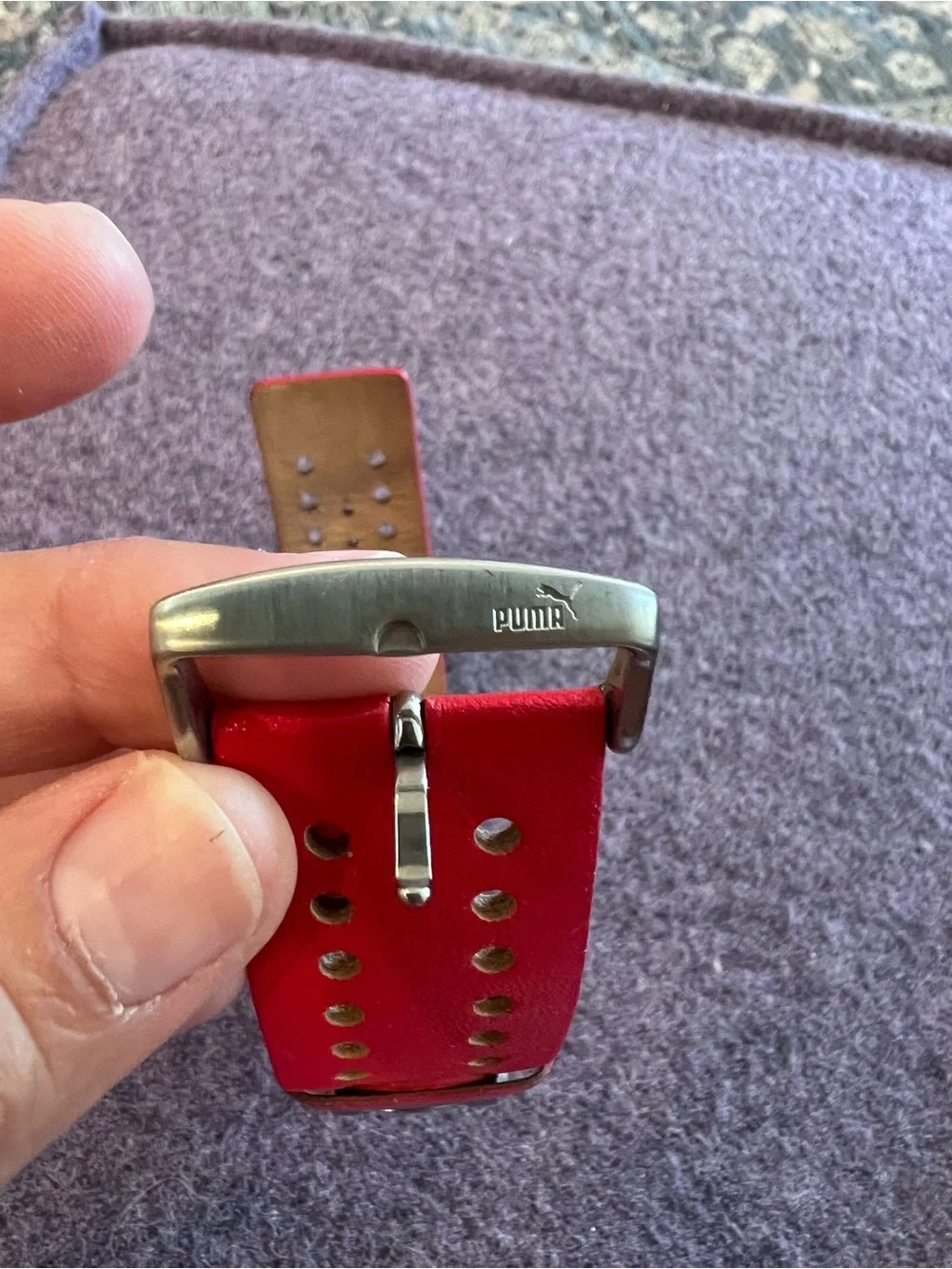 Puma Women's Silver Case Watch with Red Leather Strap - Excellent Condition